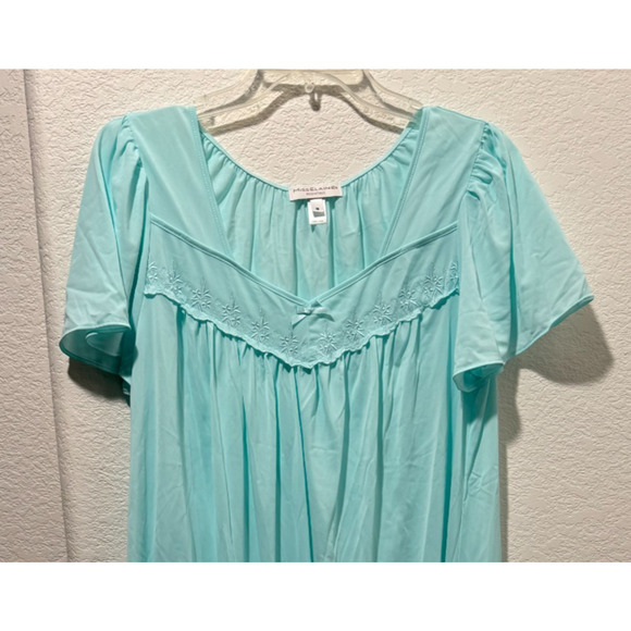 Vintage Miss Elaine Nylon Nightgown Sz M Short Sleeve Embroidered Turquoise - Picture 2 of 8